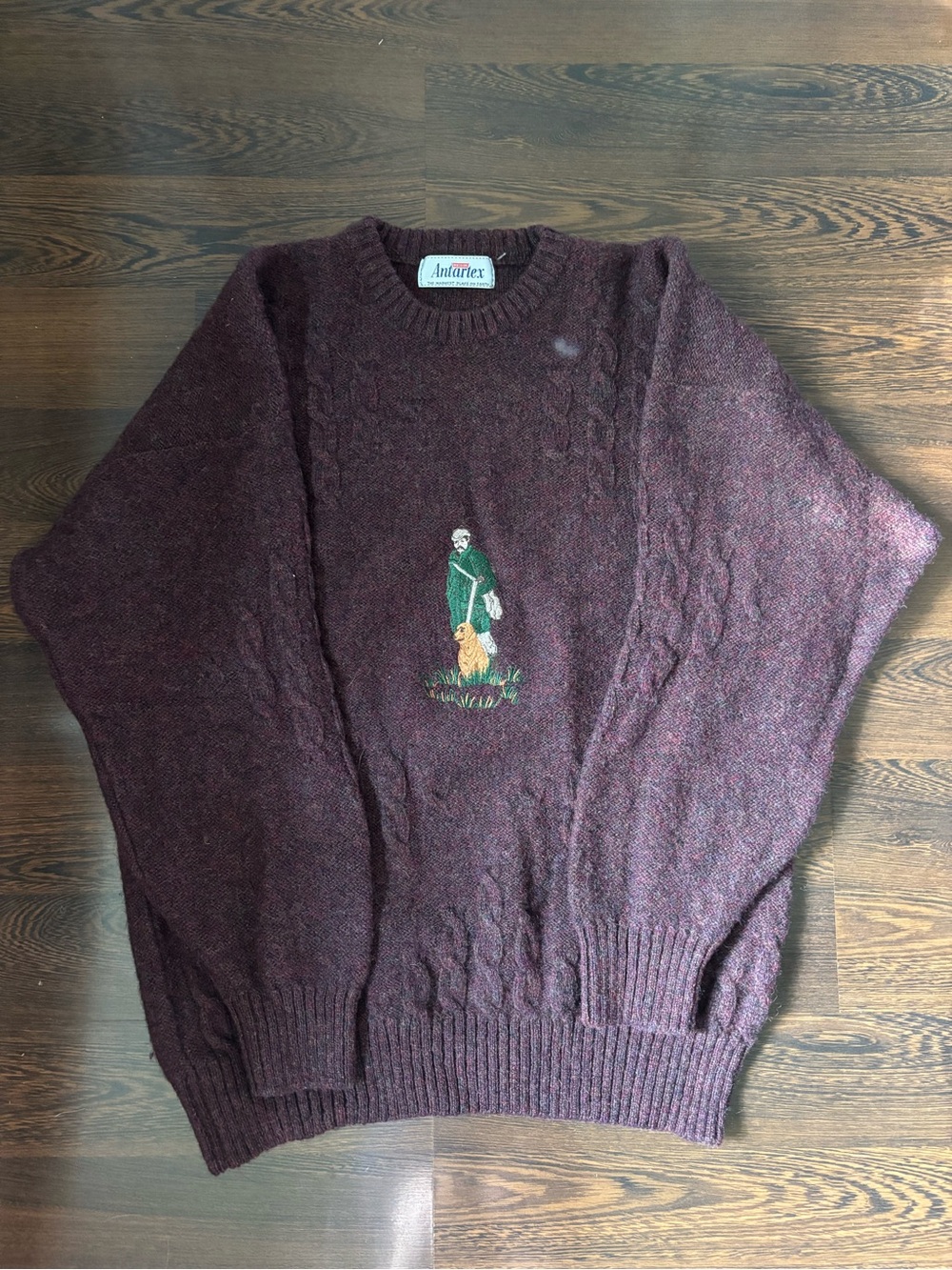 Antartex Maroon Cable Knit Crewneck Sweater Embroidered Hunting Dog / Hunter